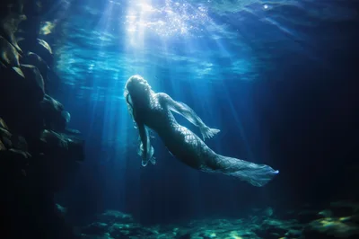 Ethereal Mermaid Swimming Through Deep Underwater Light Rays