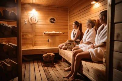 Three Women Relaxing In A Wooden Sauna