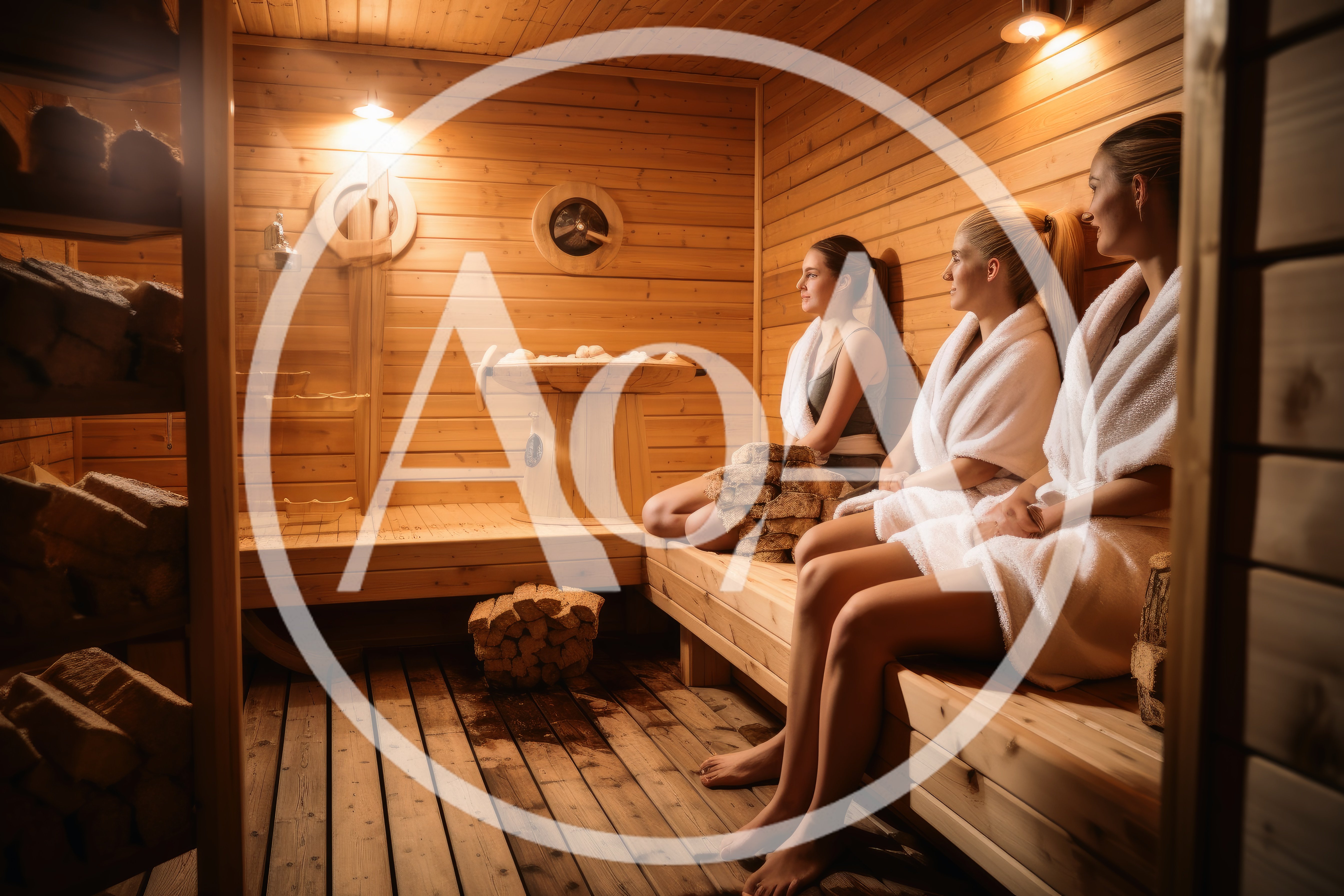 Three Women Relaxing In A Wooden Sauna