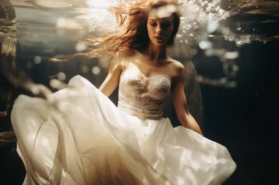 Woman In Wedding Dress Floating Underwater