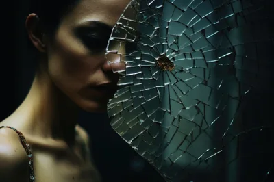 Woman Behind Shattered Glass With Dramatic Lighting