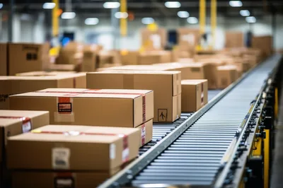 Cardboard Boxes Moving Along Automated Warehouse Conveyor Belt