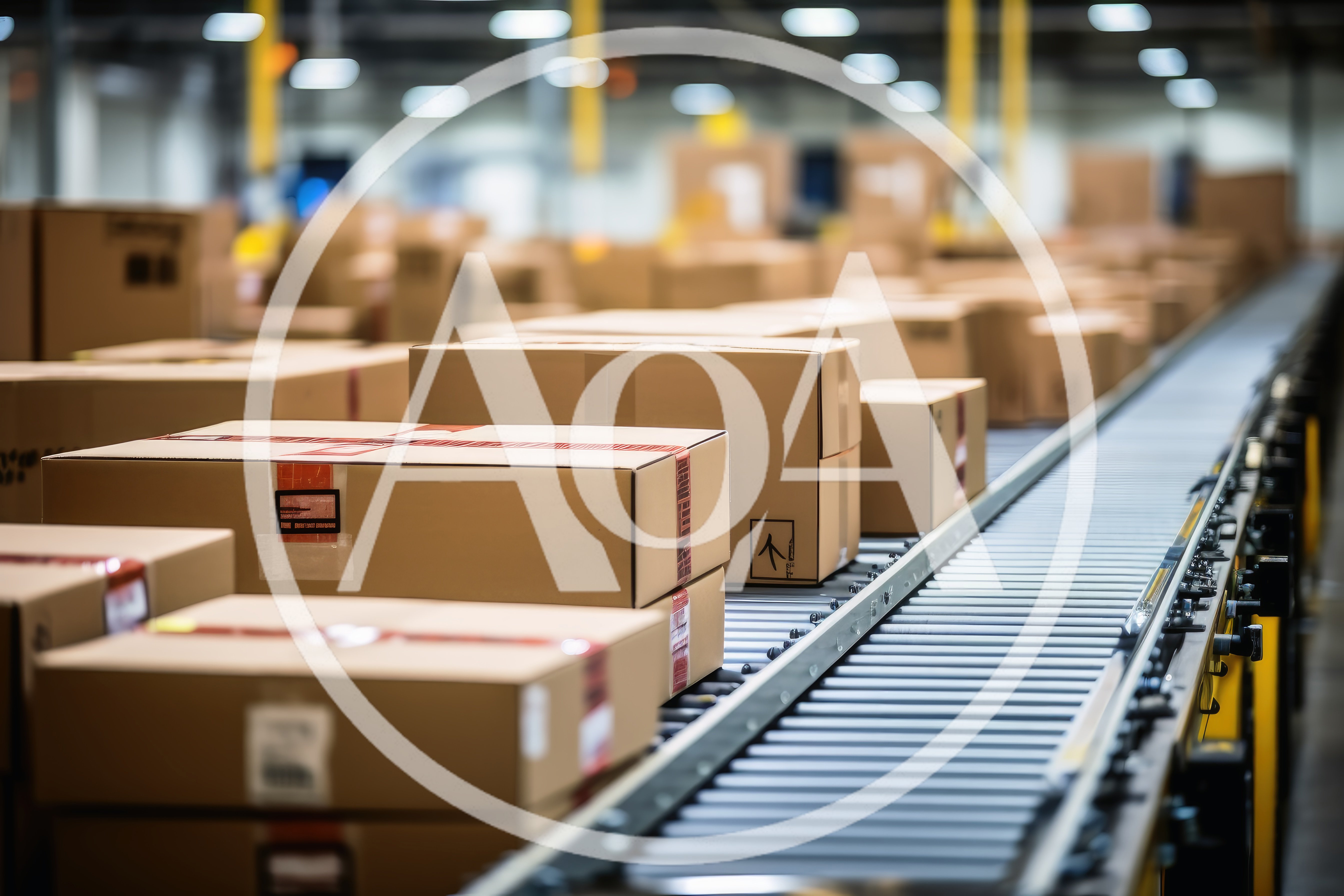Cardboard Boxes Moving Along Automated Warehouse Conveyor Belt