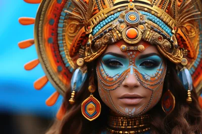 Portrait Of A Woman In Elaborate Aztec Inspired Headdress
