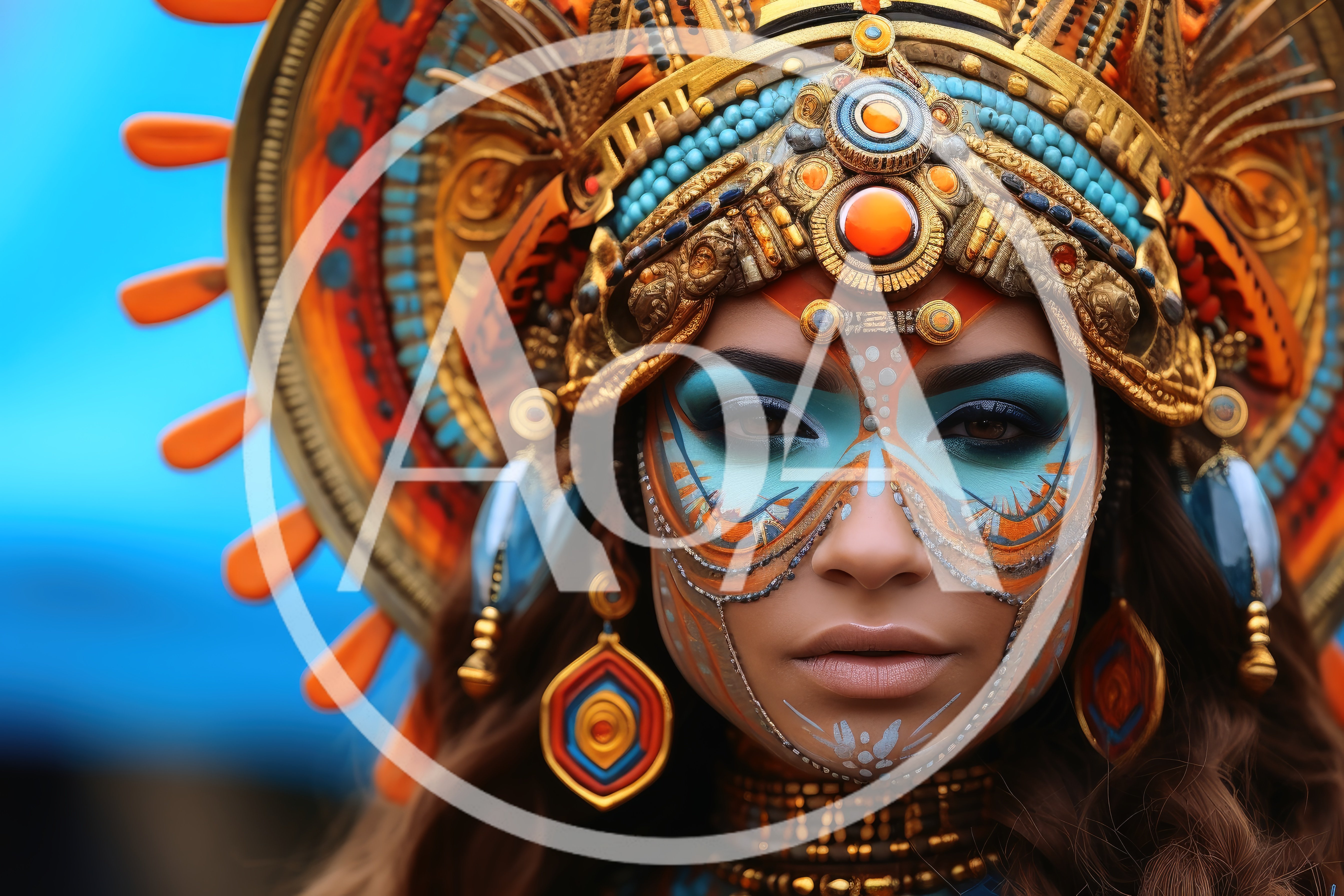Portrait Of A Woman In Elaborate Aztec Inspired Headdress