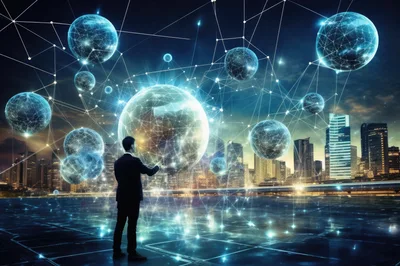 Businessman Interacting With Digital Global Network Spheres