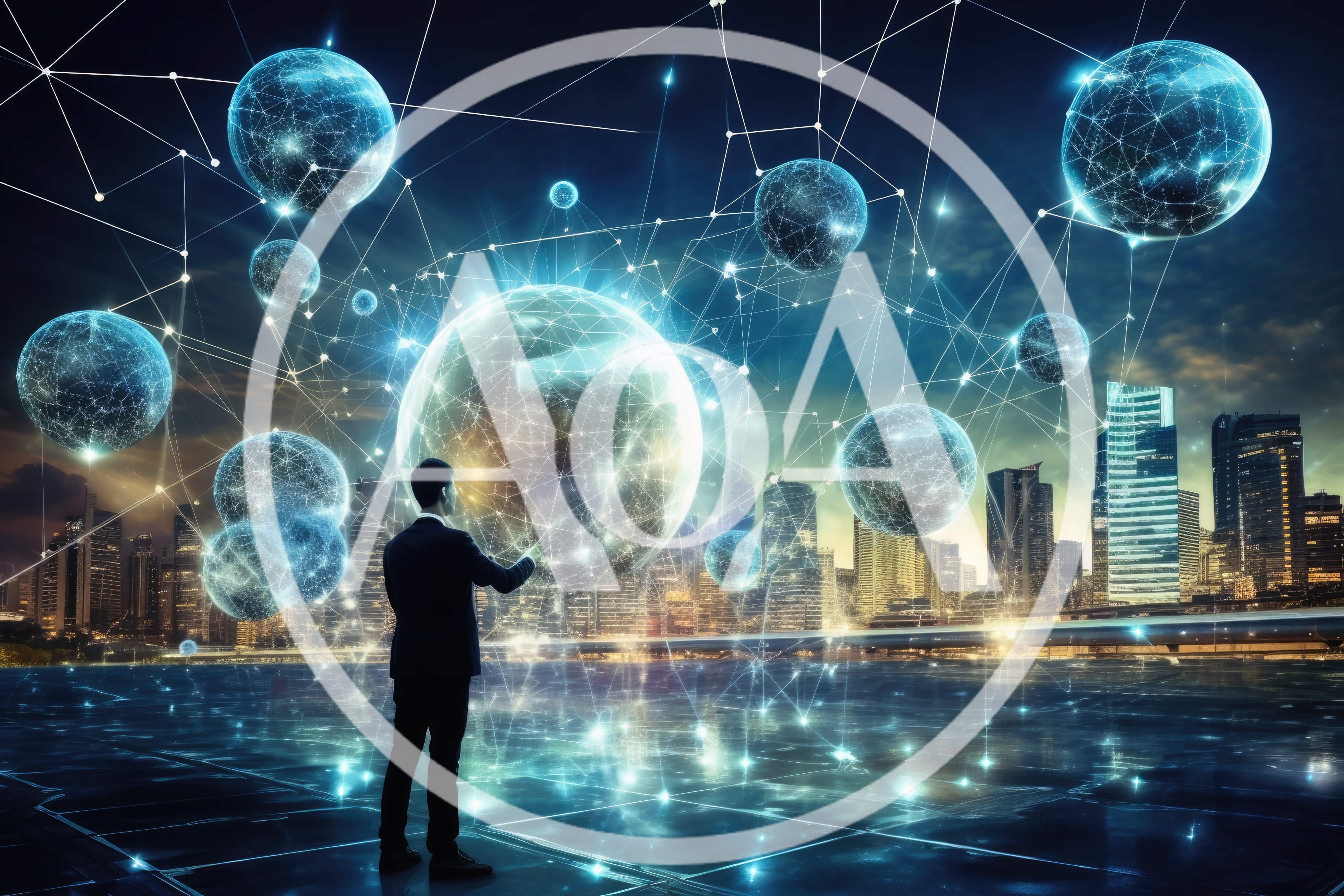 Businessman Interacting With Digital Global Network Spheres