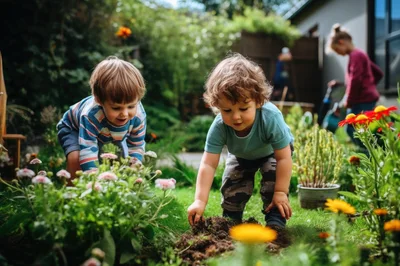 Two Toddlers Playing In A Sunny Garden