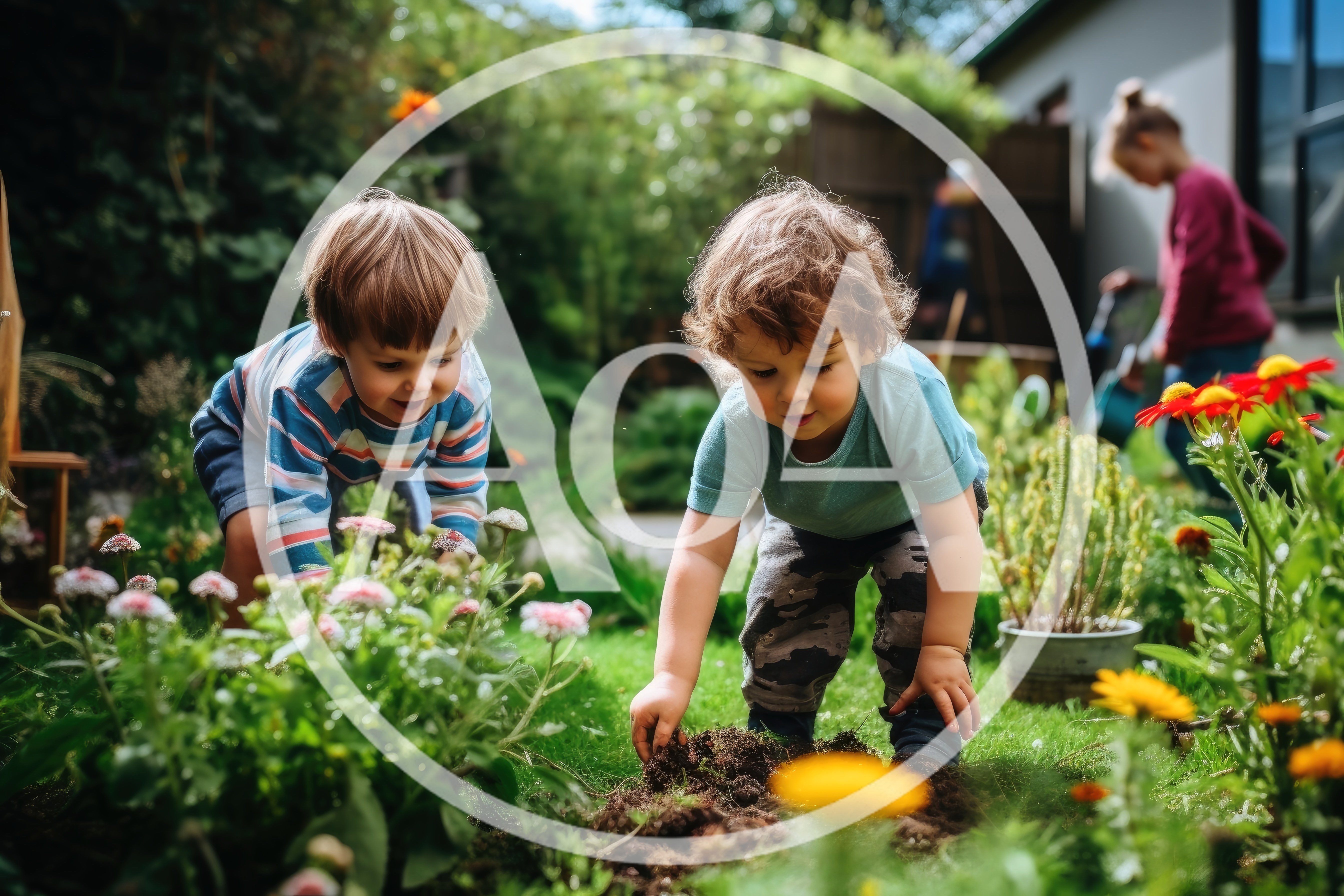 Two Toddlers Playing In A Sunny Garden