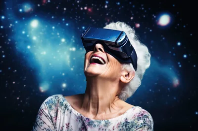 Senior Woman Experiencing Virtual Reality Space Exploration