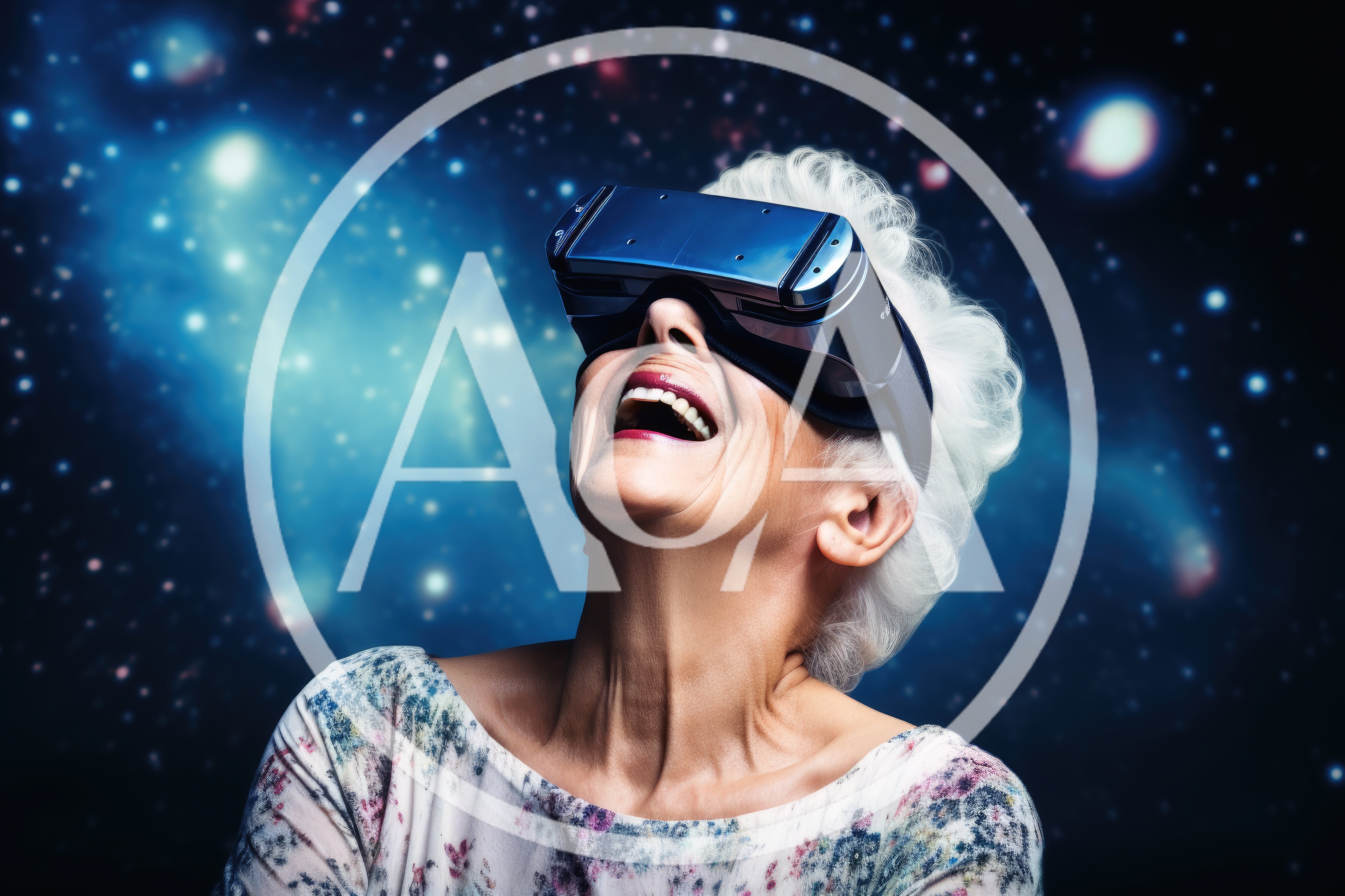 Senior Woman Experiencing Virtual Reality Space Exploration
