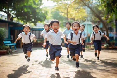 Group of Happy School Children Running Outdoors