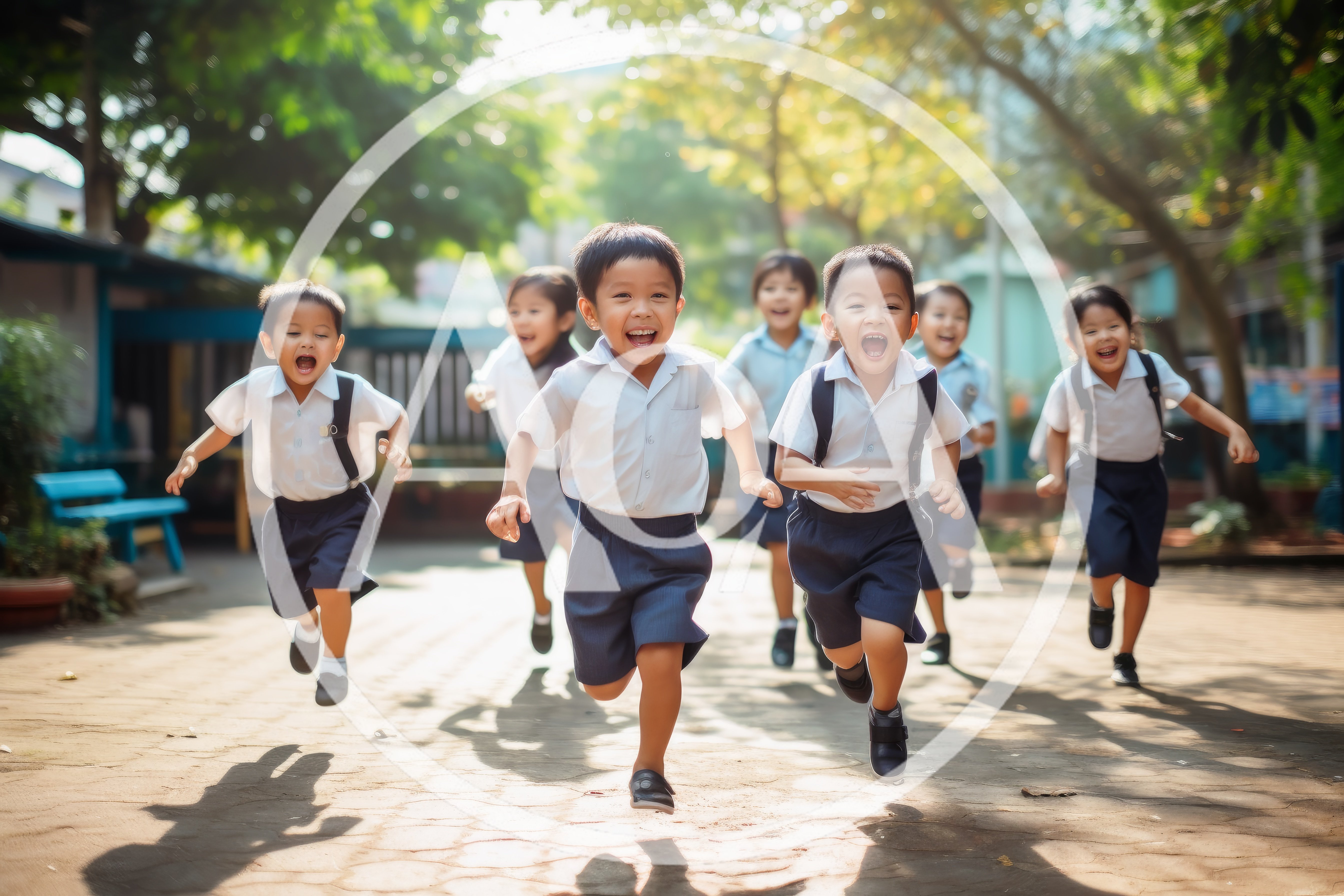 Group of Happy School Children Running Outdoors