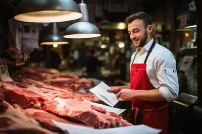 Butcher Reviewing Inventory In A Traditional Meat Shop