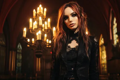 Gothic Woman Standing In A Dimly Lit Church