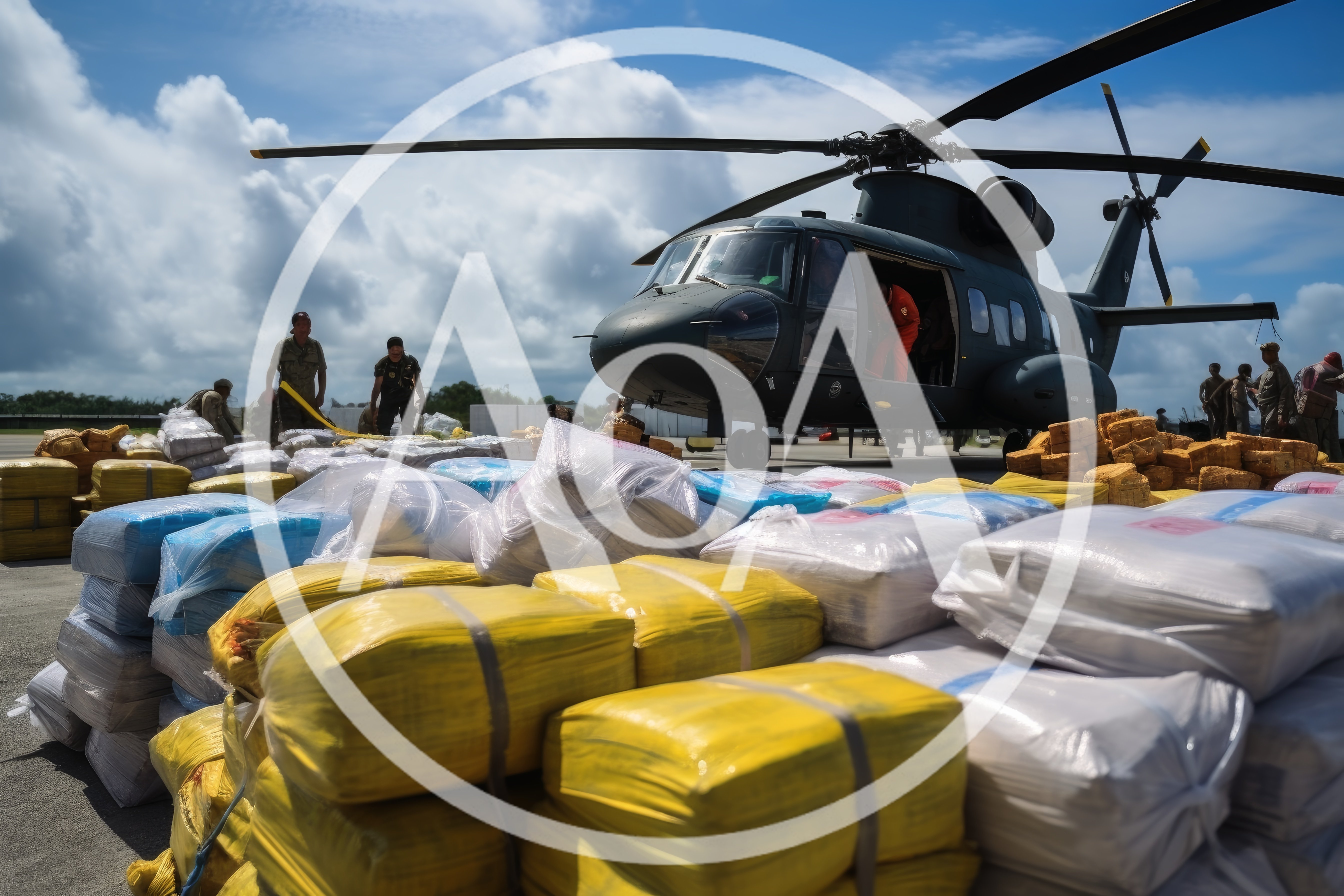Military Personnel Loading Supplies Near Helicopter
