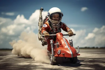 Toddler Astronaut Riding A Futuristic Red Rocket Scooter