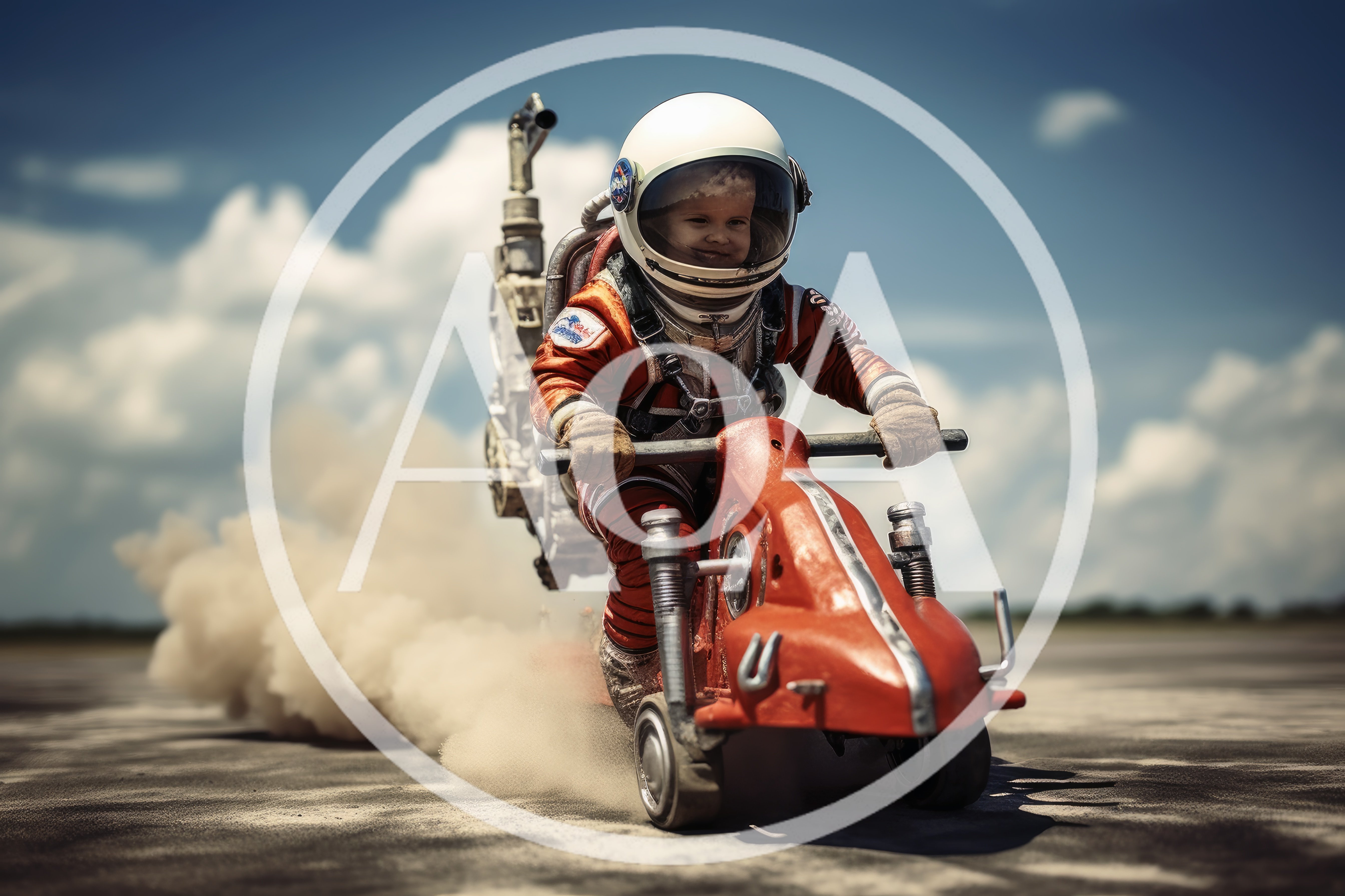 Toddler Astronaut Riding A Futuristic Red Rocket Scooter