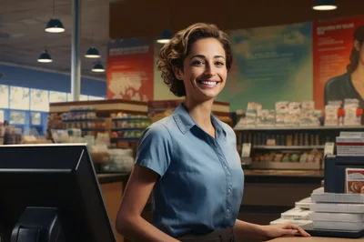 Friendly Female Cashier Smiling At Checkout Counter