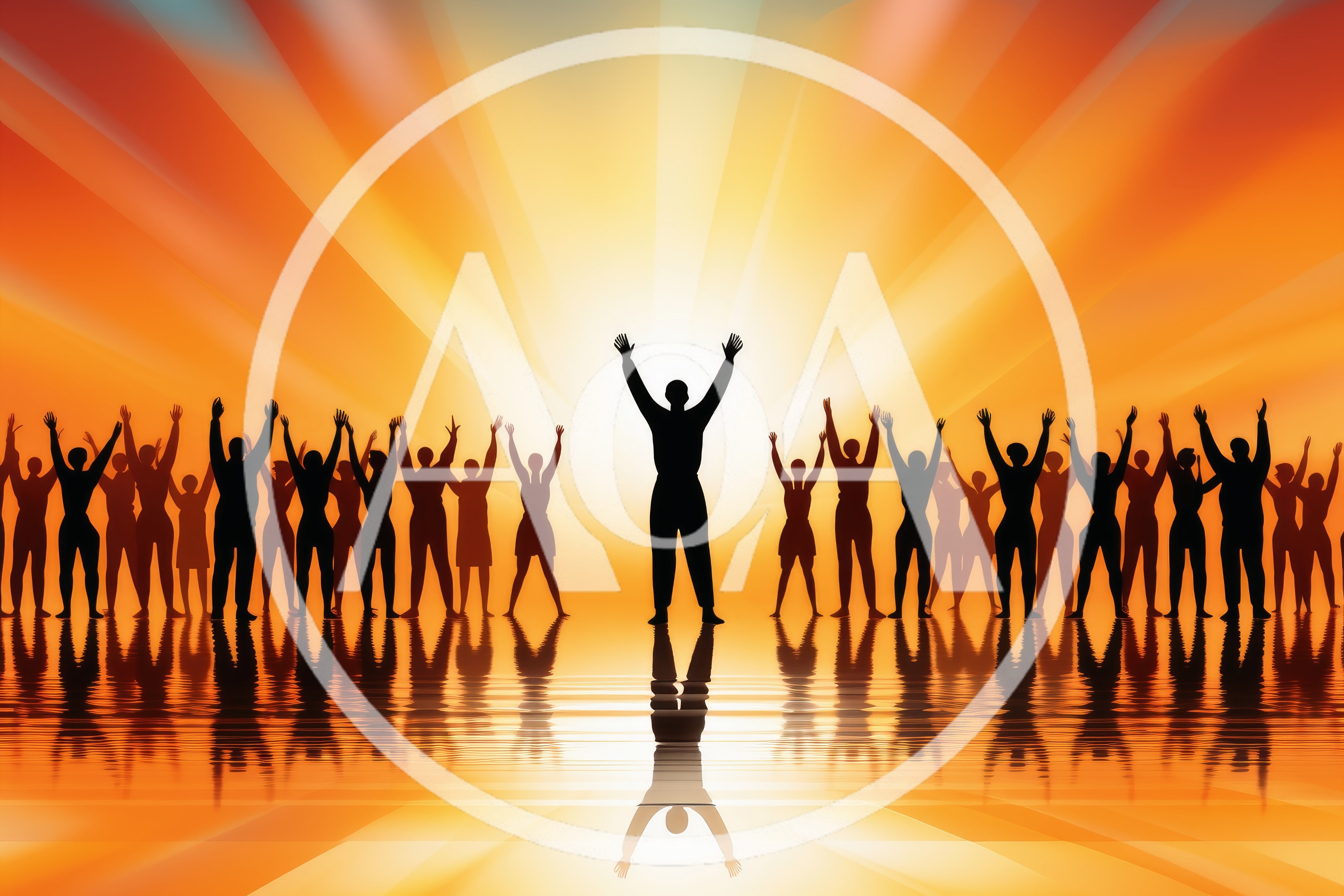 Silhouettes Of People Celebrating With Raised Arms At Sunset