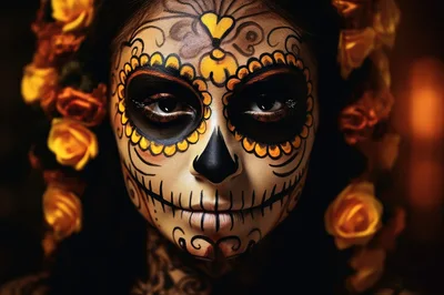 Woman With Intricate Day Of The Dead Sugar Skull Makeup
