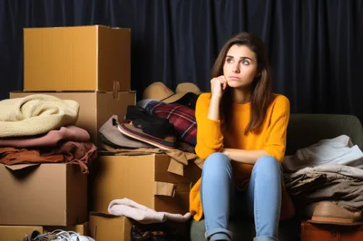 Stressed Young Woman Sitting Among Moving Boxes