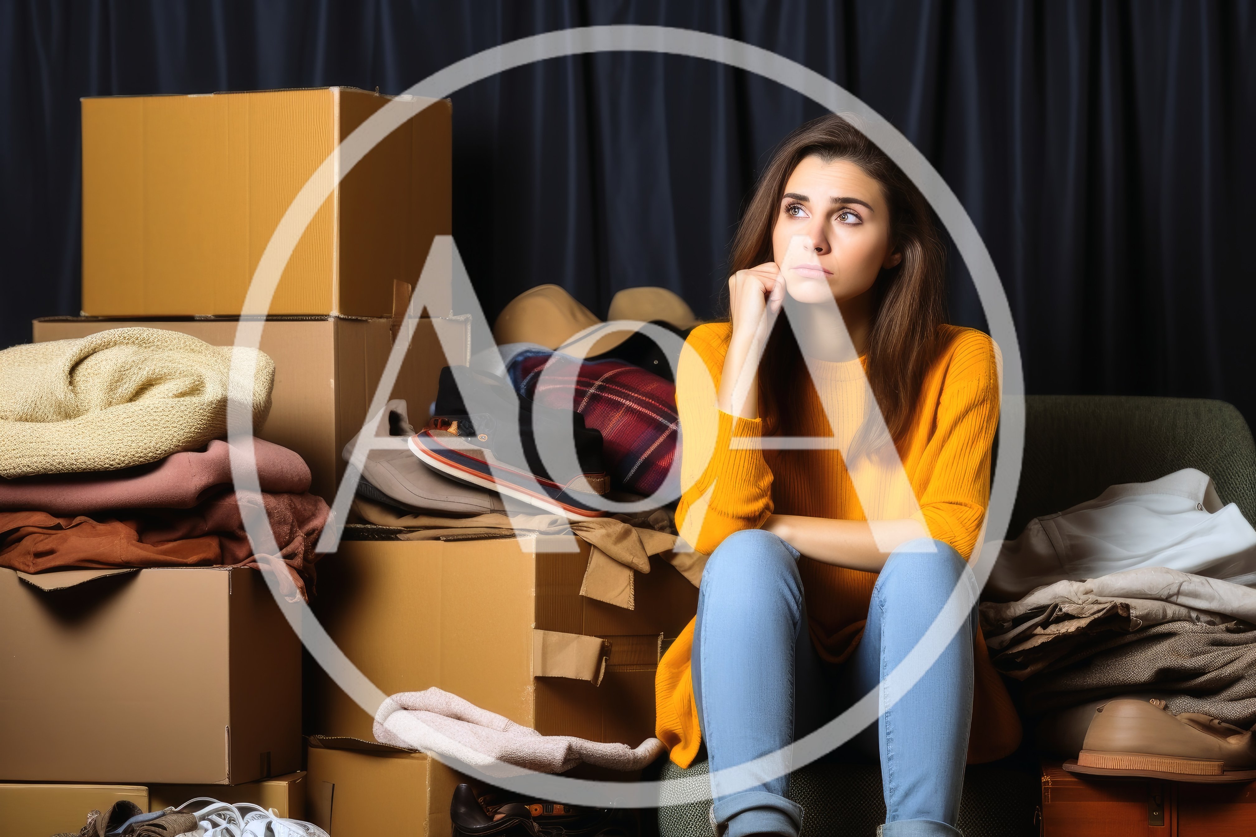 Stressed Young Woman Sitting Among Moving Boxes