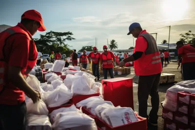Humanitarian Aid Workers Organizing Food Supplies Outdoors