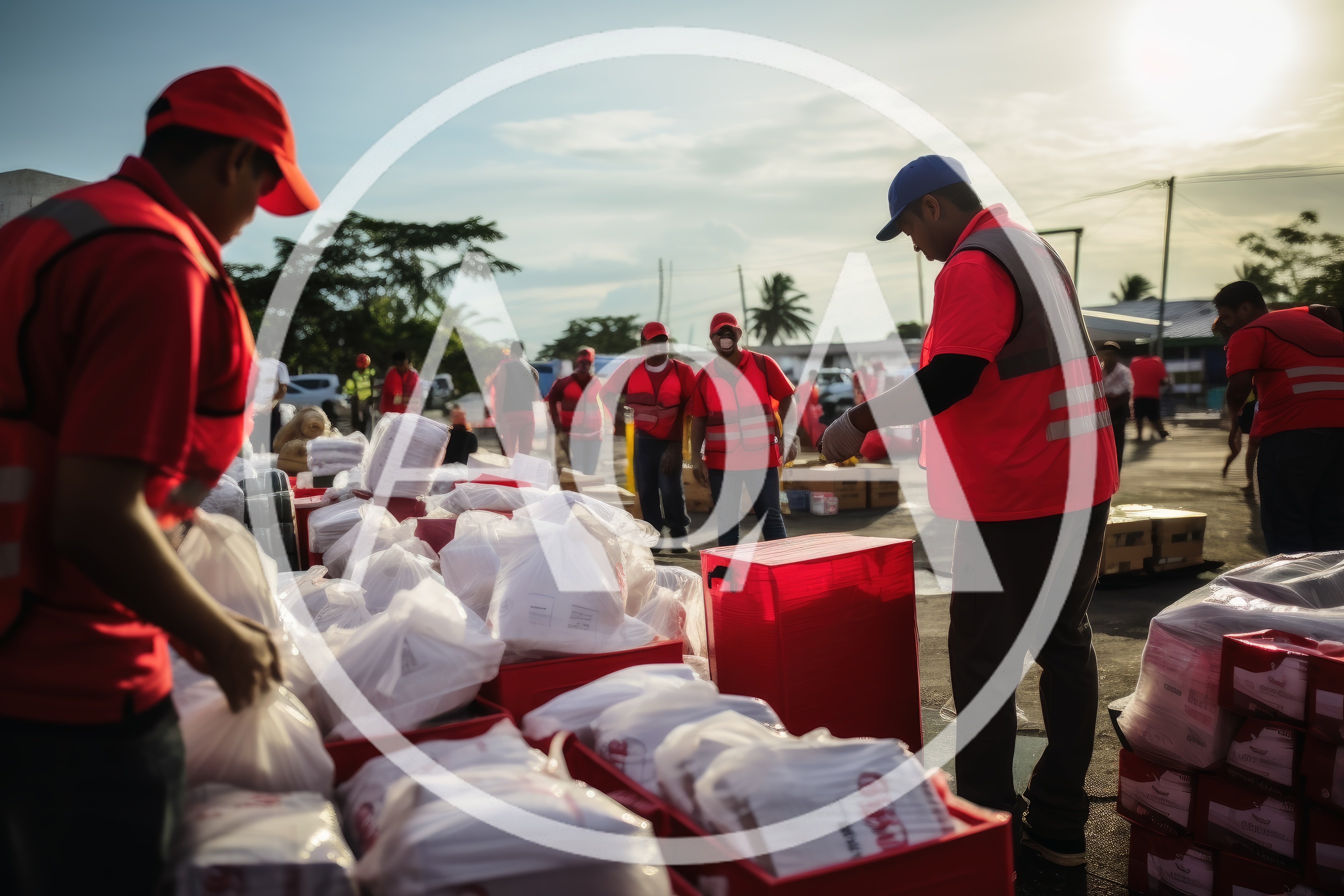 Humanitarian Aid Workers Organizing Food Supplies Outdoors