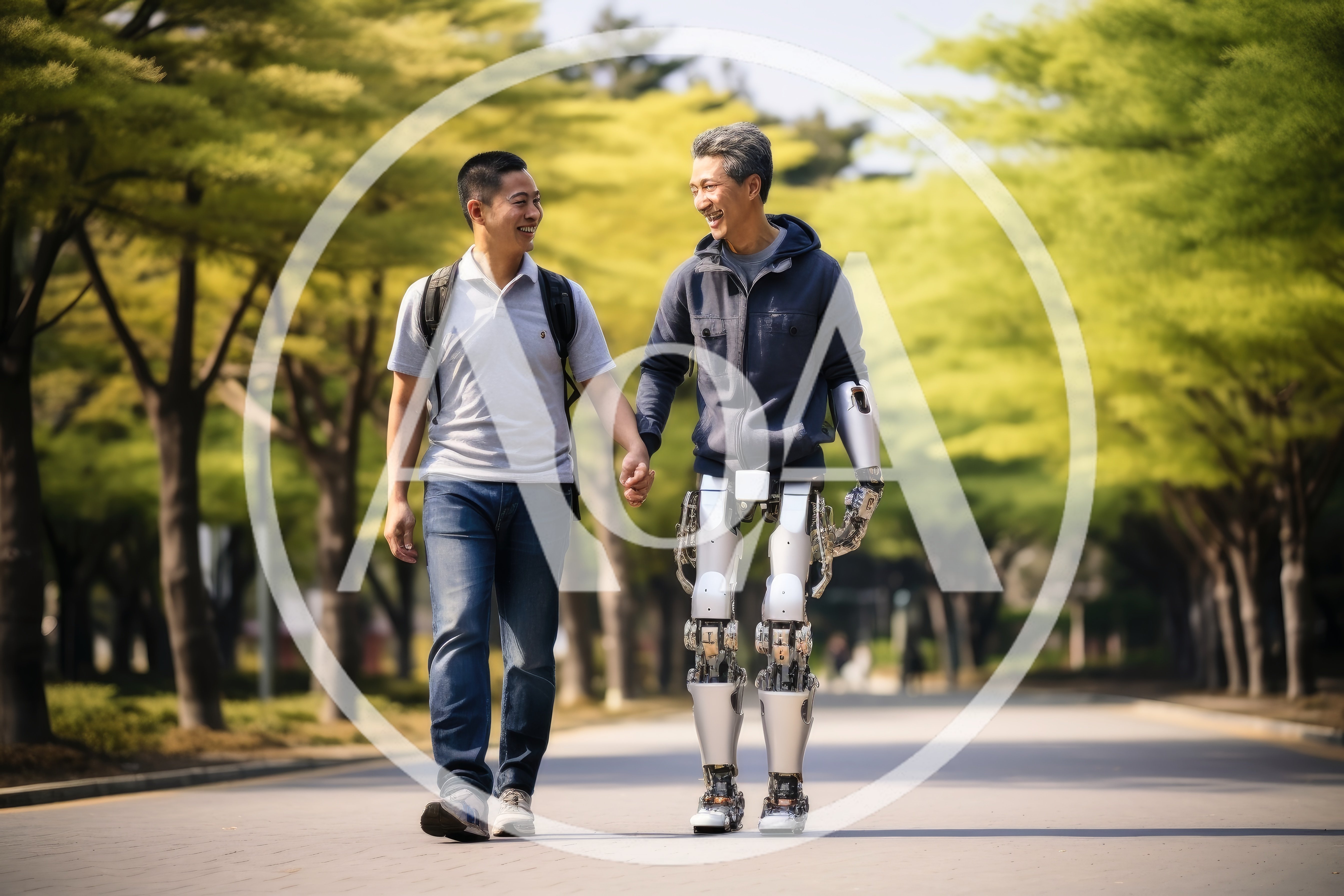 Man Walking With A Cyborg Friend In A Park