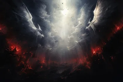 Ethereal Winged Figures Ascending From A Dark Fiery Abyss