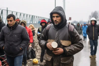 Group Of Migrants Walking Along A Road