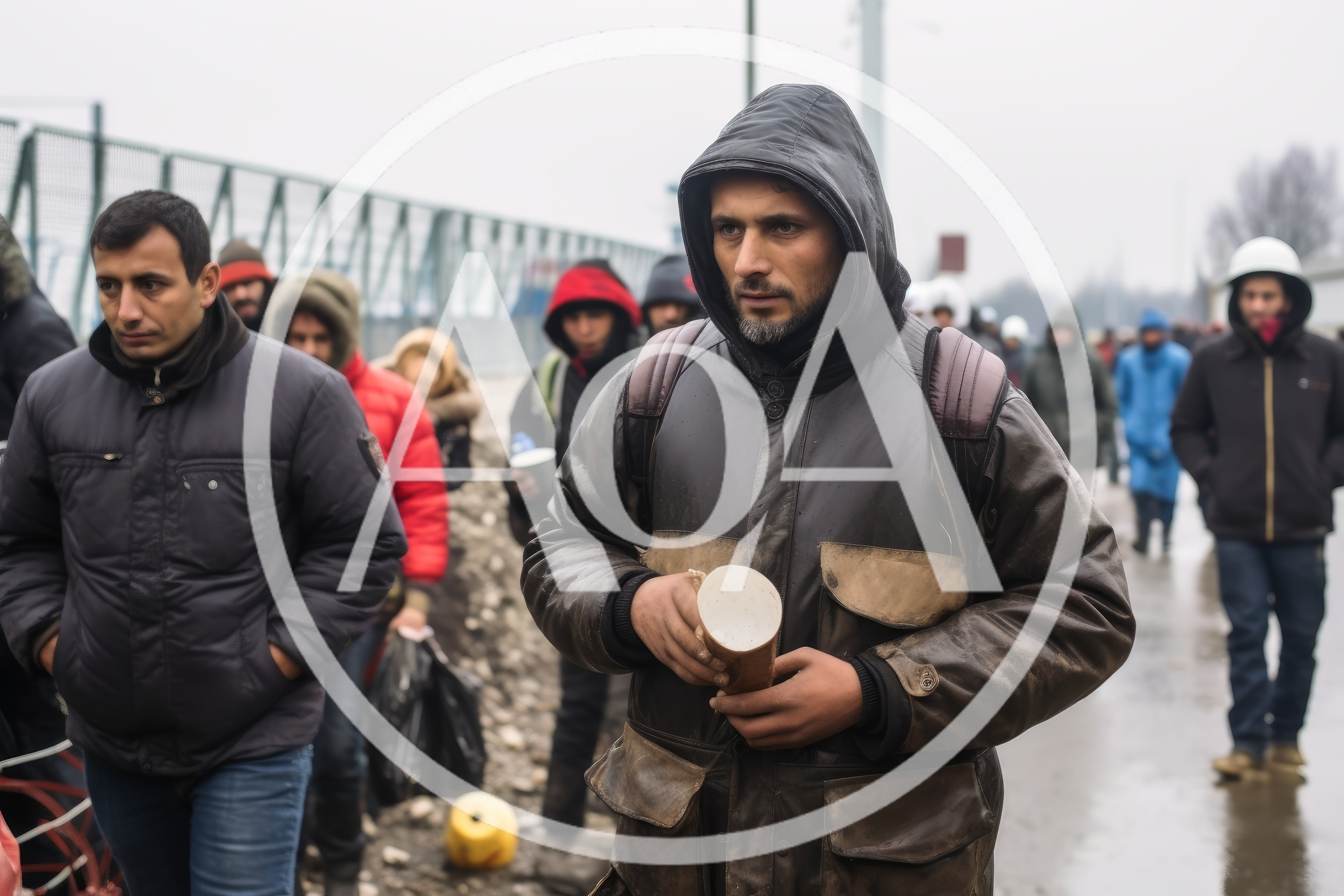 Group Of Migrants Walking Along A Road