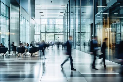 Blurred Business Professionals Walking Through Modern Office Lobby
