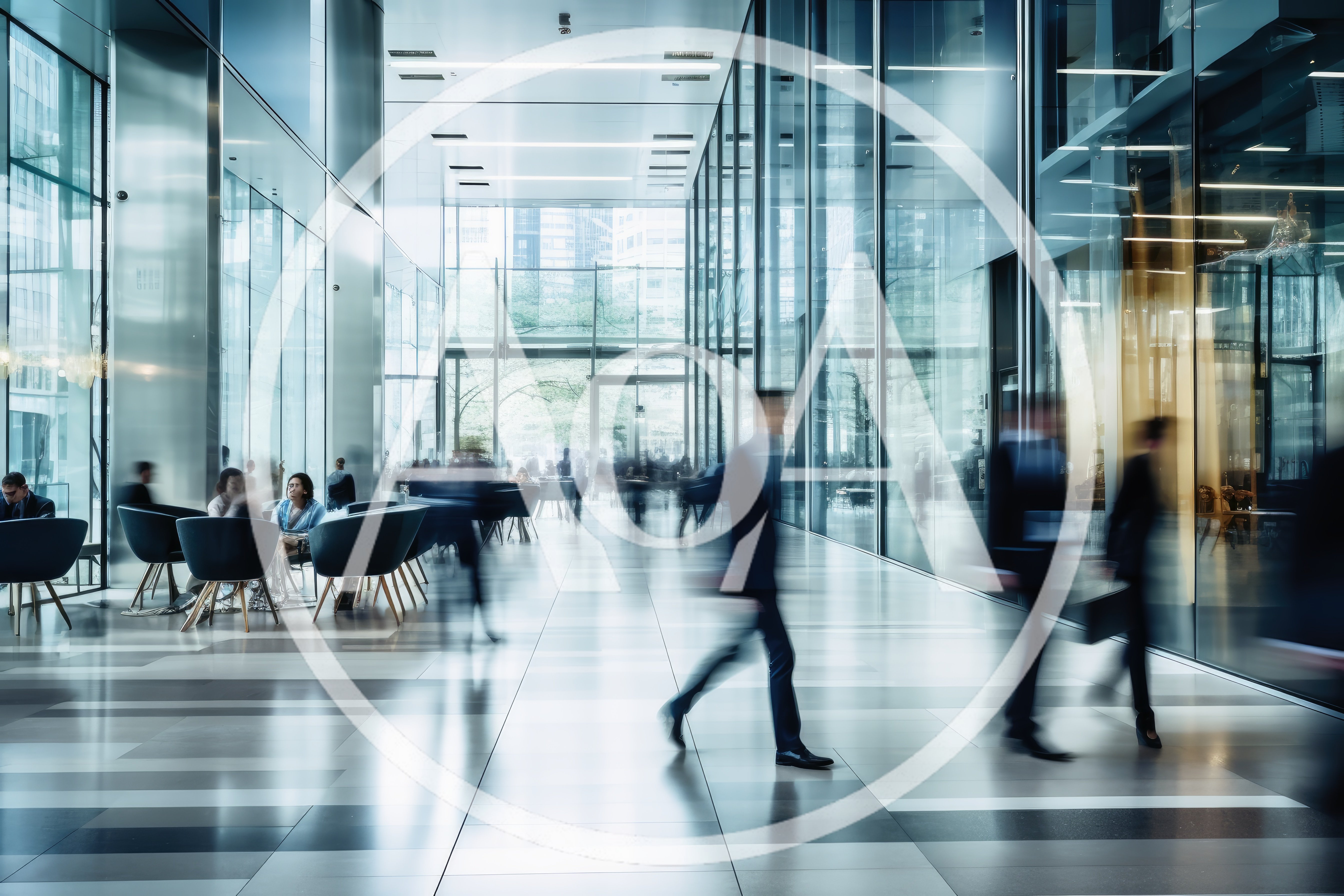Blurred Business Professionals Walking Through Modern Office Lobby