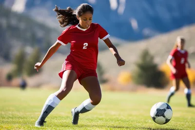 Female Soccer Player Dribbling Ball On Field