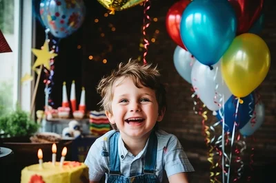 Happy Young Boy Celebrating Birthday With Cake