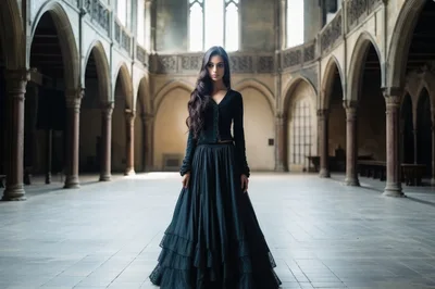 Woman In Black Dress Standing In Gothic Cathedral