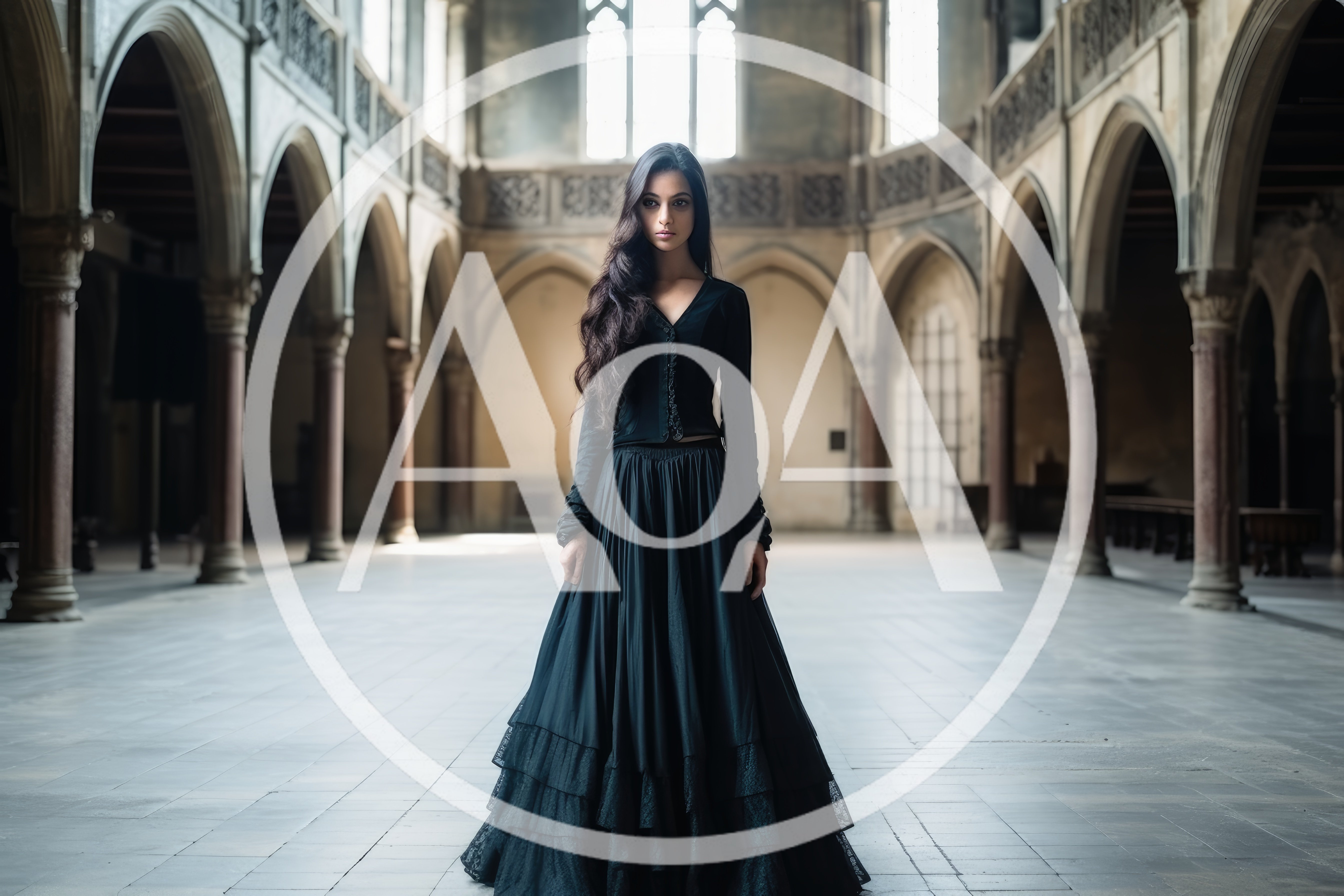 Woman In Black Dress Standing In Gothic Cathedral