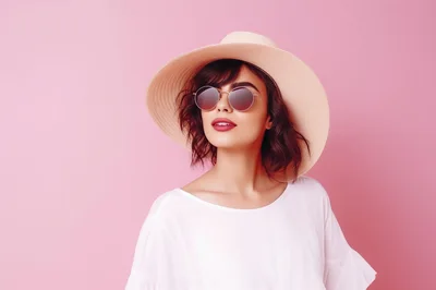 Stylish Woman Wearing Sun Hat And Sunglasses