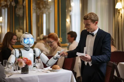 Robot Dining With A Man In A Restaurant