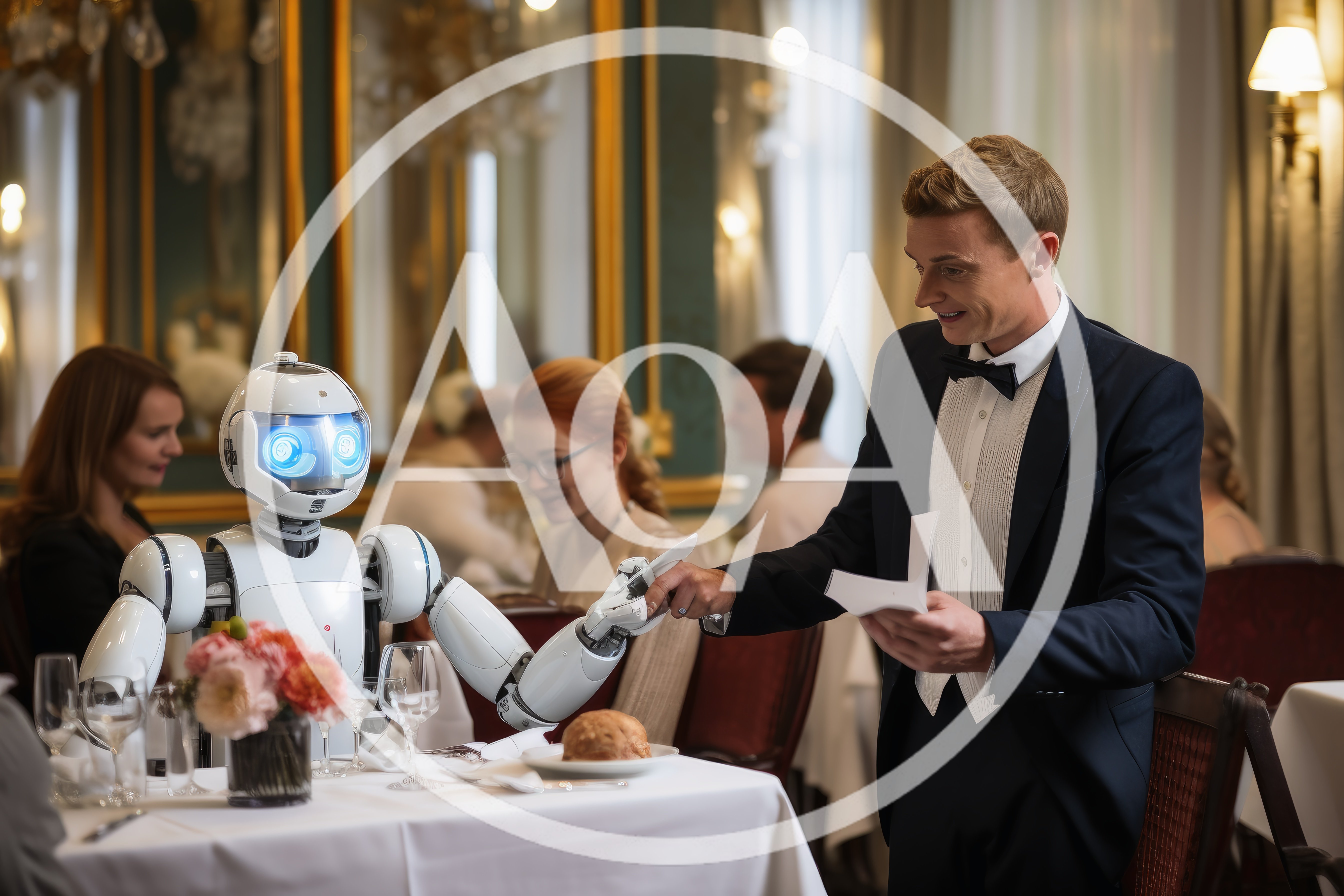 Robot Dining With A Man In A Restaurant