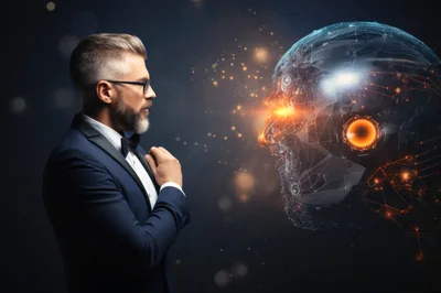 Businessman Facing A Digital Artificial Intelligence Head