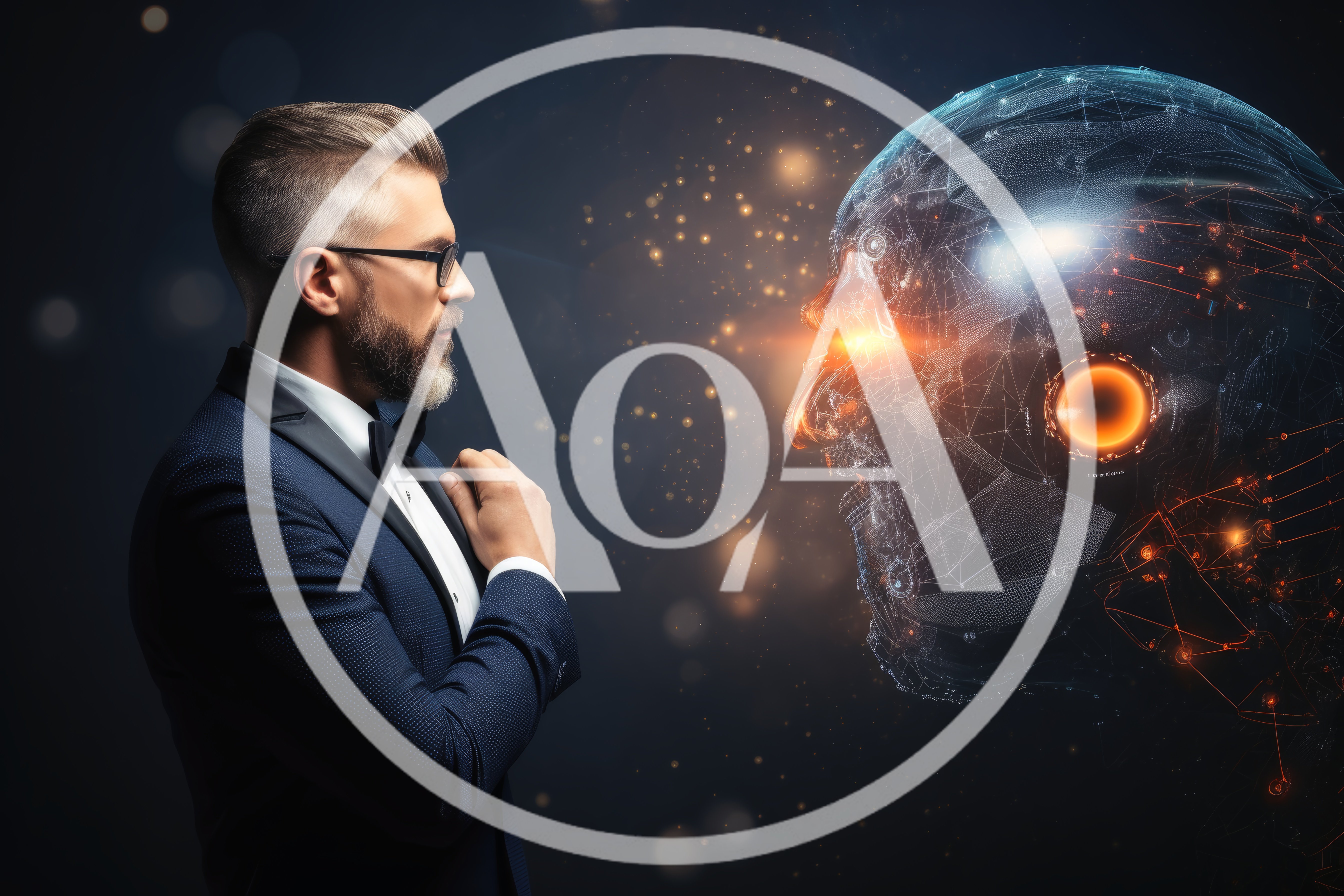 Businessman Facing A Digital Artificial Intelligence Head