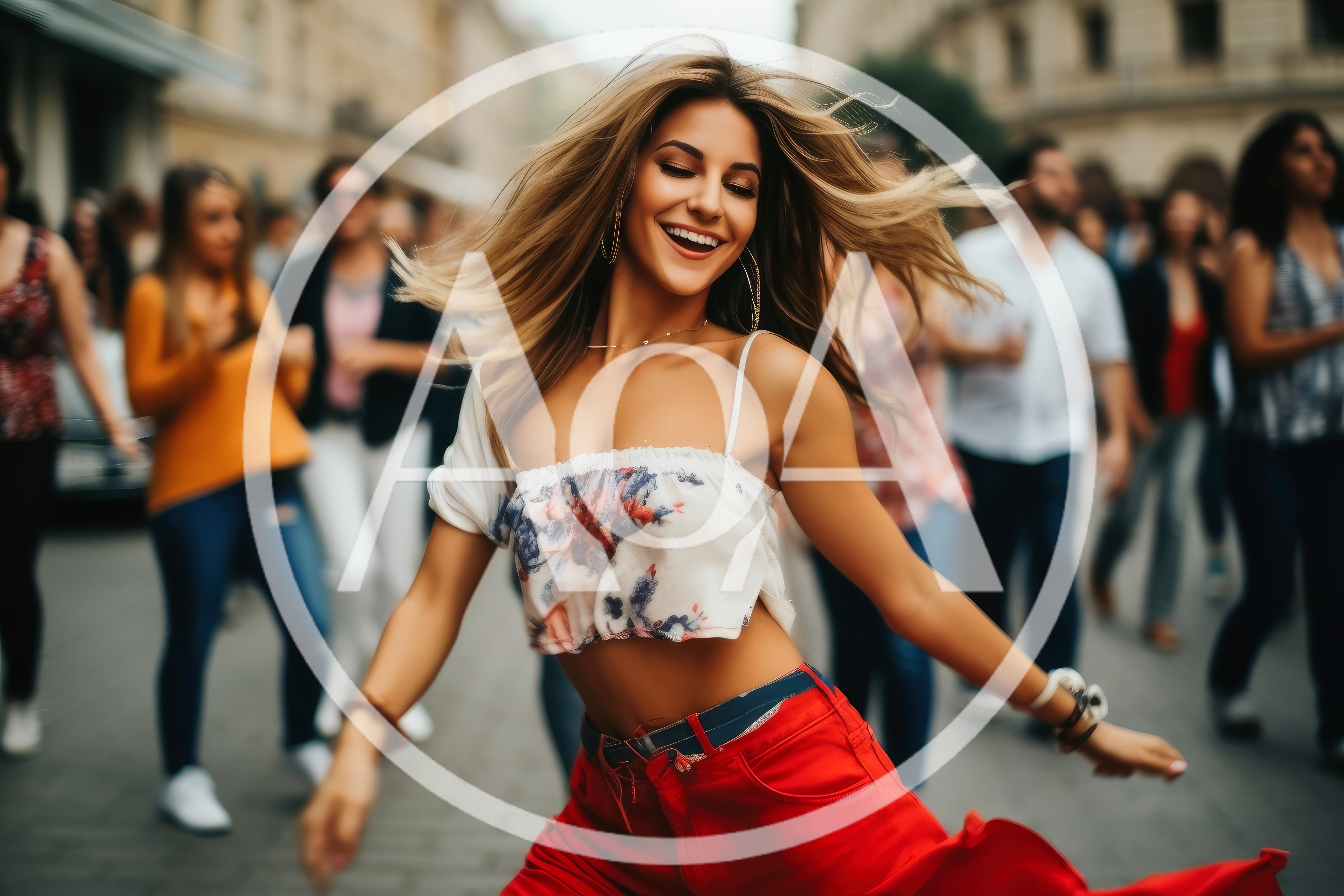 Happy Young Woman Dancing Joyfully In A Crowded City Street