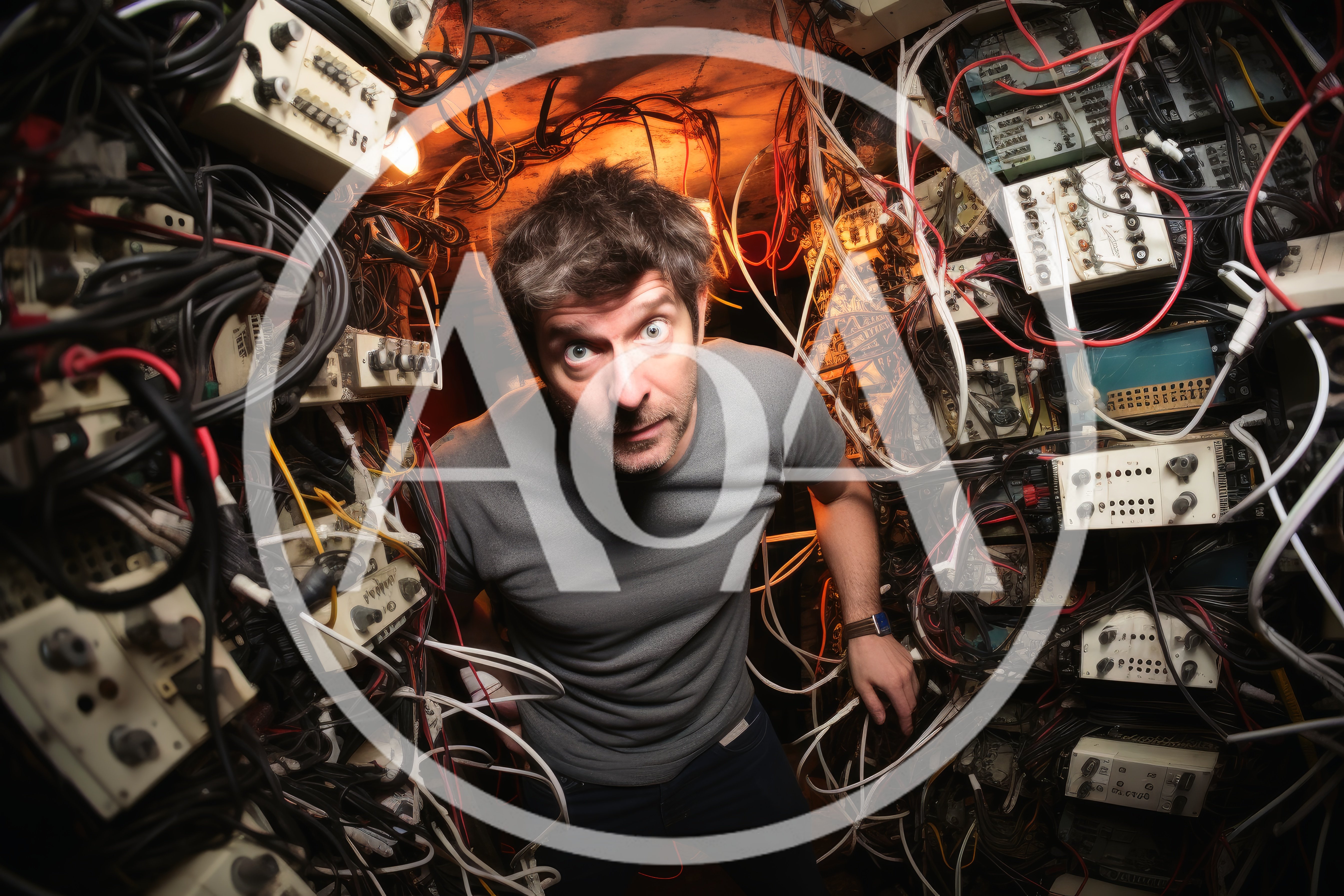 Confused Man Surrounded By Tangled Electronic Wires