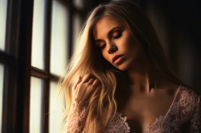 Portrait Of A Beautiful Blonde Woman Near A Window