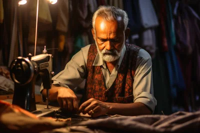 Elderly Tailor Working On A Vintage Sewing Machine