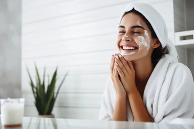Happy Woman Applying Facial Cream In Bathroom