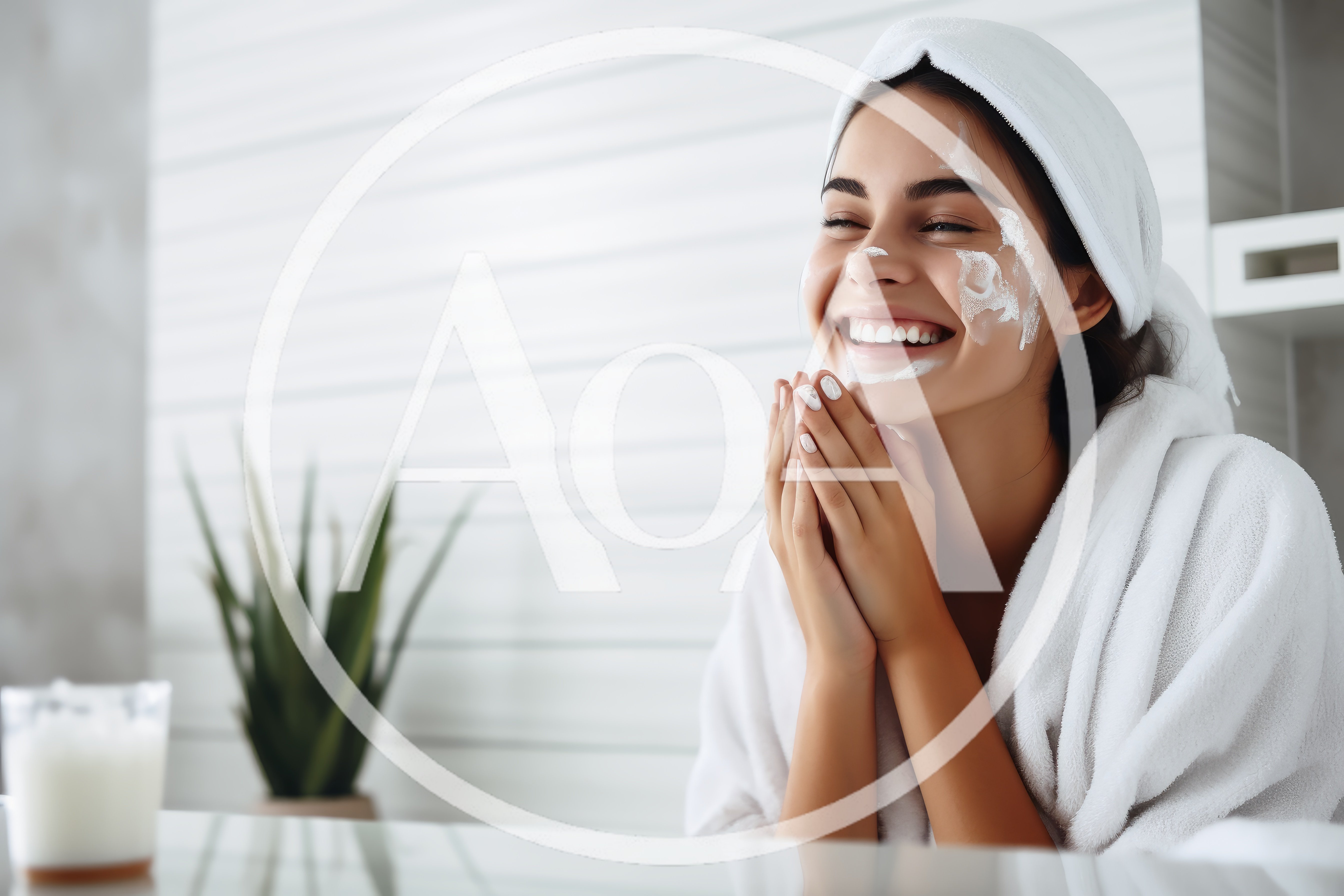 Happy Woman Applying Facial Cream In Bathroom